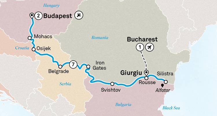 Mapa que muestra una ruta de crucero fluvial por Europa del Este.