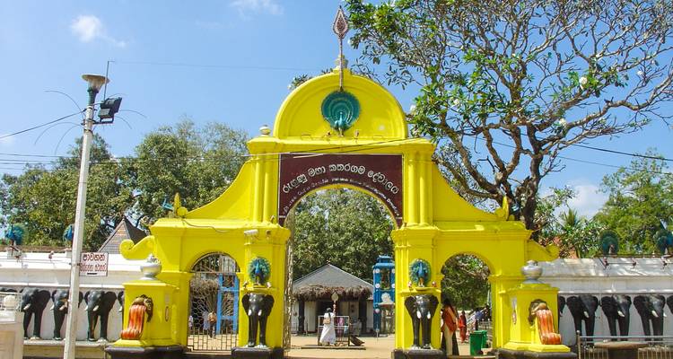 Une façade d'entrée avec de la peinture jaune et des éléments décoratifs.