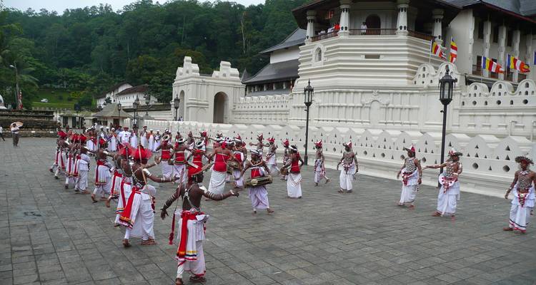Danseurs traditionnels et percussionnistes dans une cour.