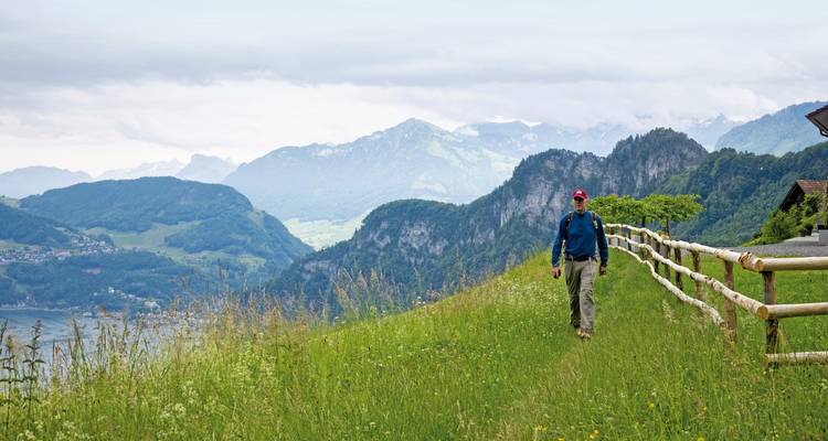 Ein einsamer Wanderer auf einem grasbewachsenen Pfad mit Bergen im Hintergrund.
