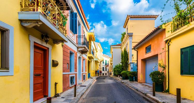 Colorful buildings on a narrow street in Athens.