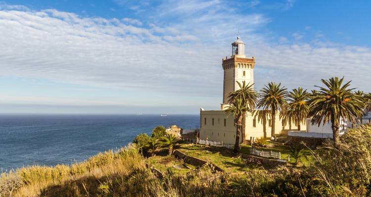 Phare sur une falaise avec des palmiers et vue sur l'océan.