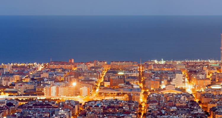 Aerial view of a city lit up at night by the sea.