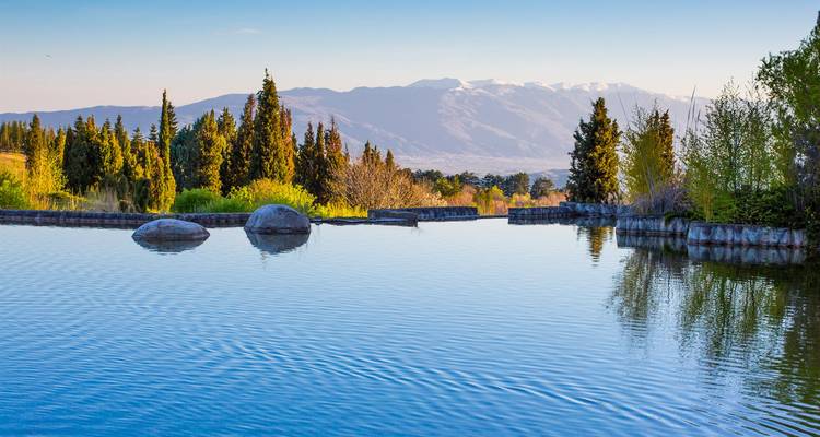 Un lac tranquille entouré d'arbres et de montagnes.