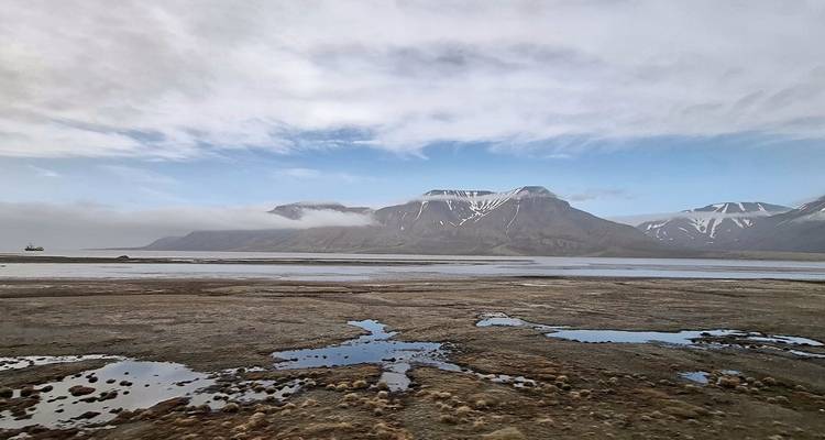 Vaste paysage arctique avec des terres arides et des montagnes lointaines.