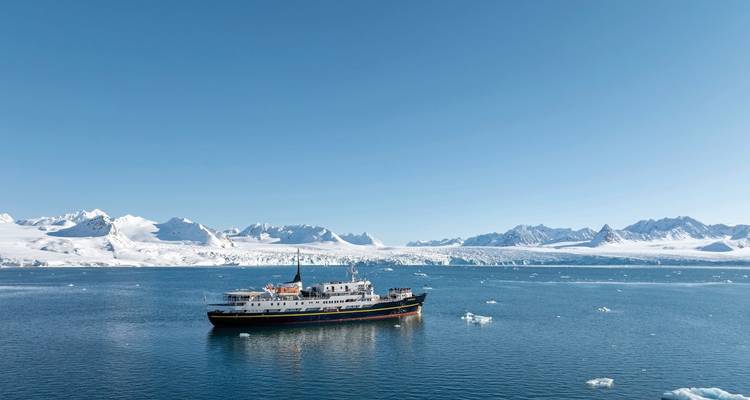 Navire en mer avec des montagnes enneigées, des blocs de glace dispersés dans l'eau.