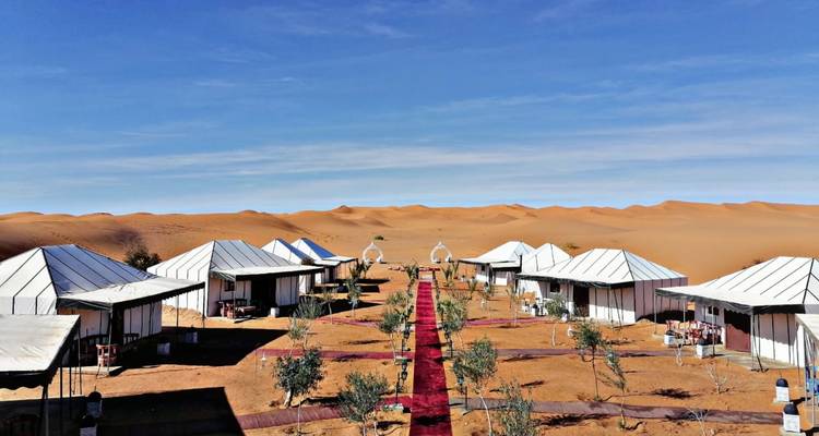 Desert camp with white tents.