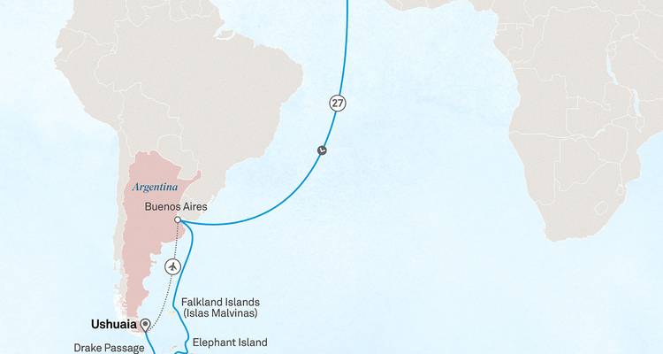 Map showing a travel route in South America and beyond.