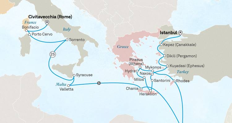 Kreuzfahrtroutenkarte von Rom nach Istanbul mit Häfen durch Griechenland und die Türkei