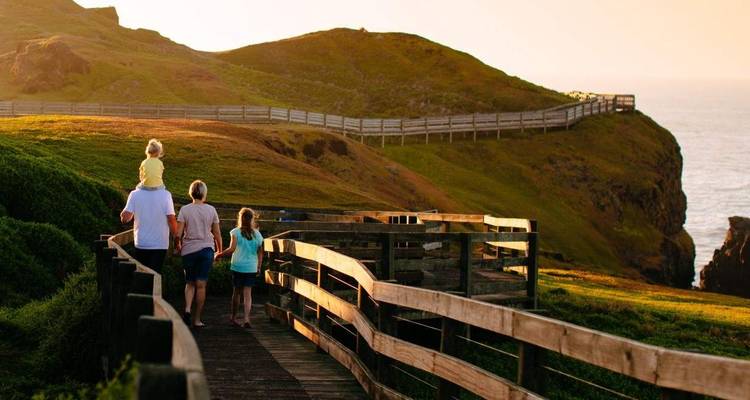 Una familia caminando por un sendero de madera con colinas verdes y océano de fondo.