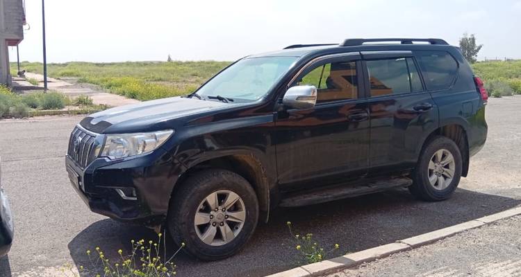 Zwarte 4x4 SUV geparkeerd langs de weg aan de rand van een grasrijke vlakte onder bleke luchten.