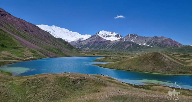Vue panoramique d'un lac avec des montagnes enneigées en arrière-plan.
