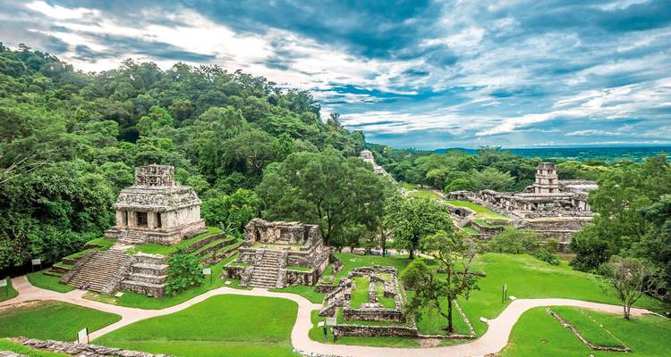 Archaeological site surrounded by lush greenery and ruins.