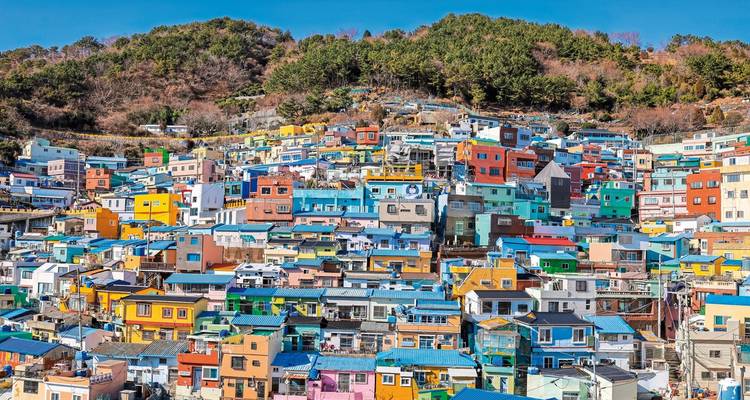 Kleurrijk heuvelachtig dorp met levendig geschilderde huizen, Busan, Zuid-Korea.