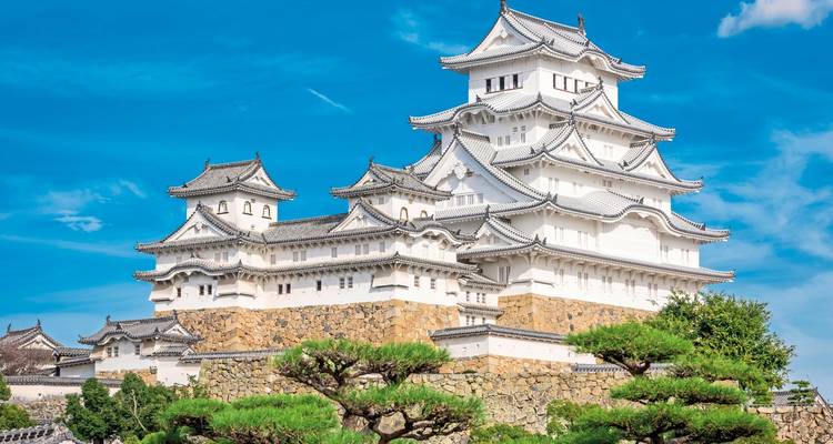 Castillo de Himeji con cielos azules y árboles.