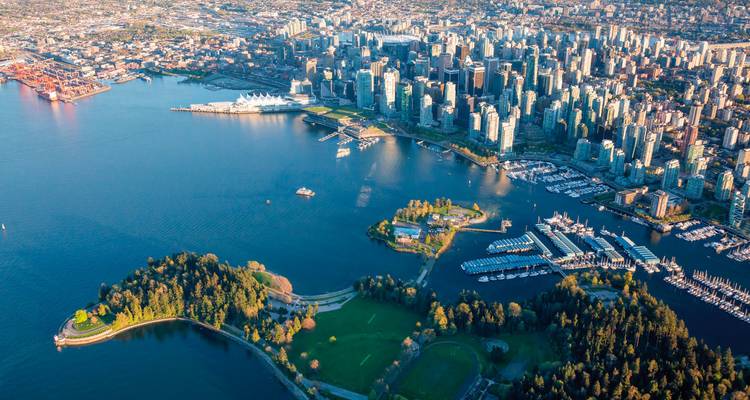 Aerial view of downtown Vancouver with city and waterfront.