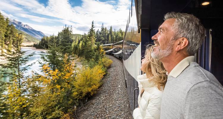 Couple looking out from a train window at a scenic forest view.