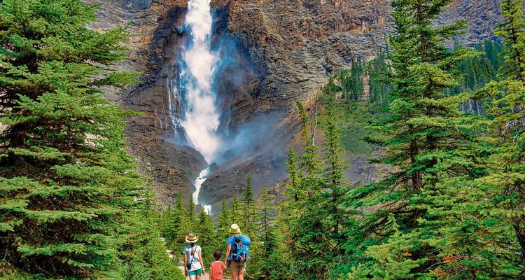 Family hiking on a trail with a waterfall in background.