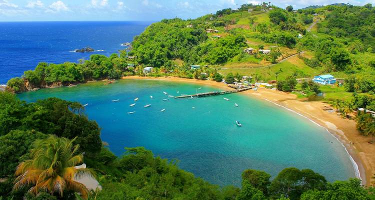 Beautiful bay with clear turquoise water and lush greenery.