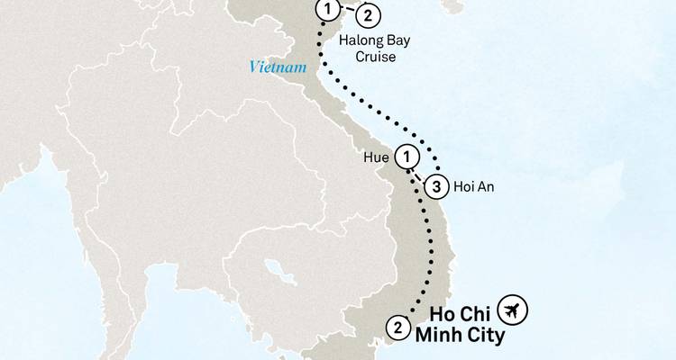 Mapa simplificado del itinerario de Vietnam mostrando los pasos principales desde la Bahía de Halong hasta la Ciudad Ho Chi Minh.