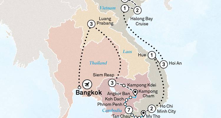 Geïllustreerde routekaart met het reispad door Thailand, Laos, Cambodja en Vietnam.