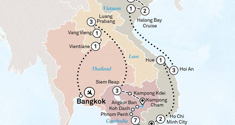 Illustrated route map of a multi-country Southeast Asia itinerary
