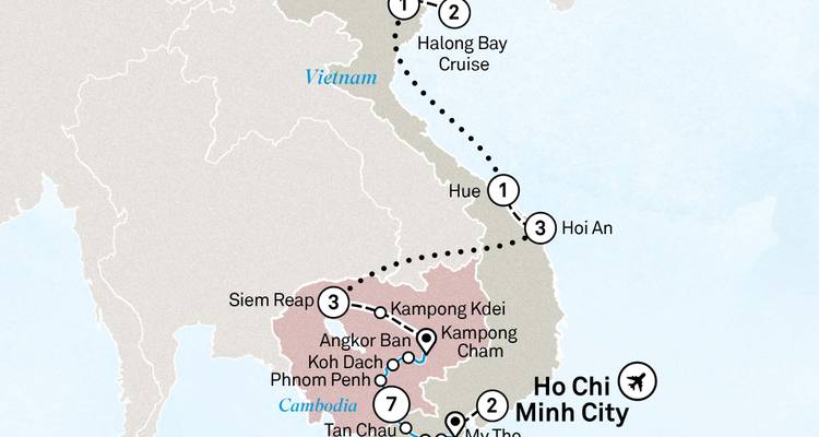 Regionale kaart met een reisinnerarium door Vietnam en buurlanden.