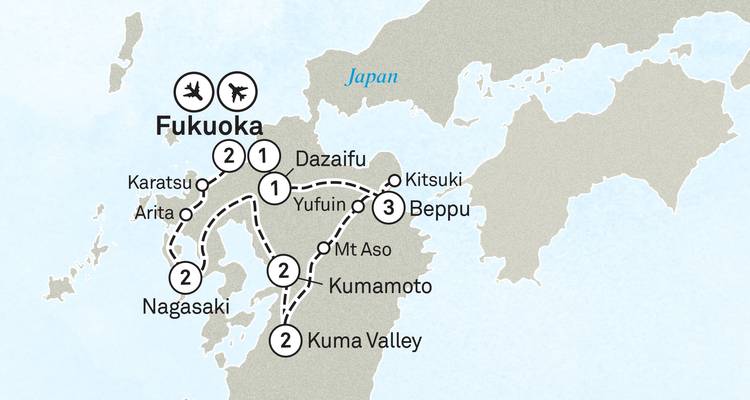 Carte illustrant un itinéraire de voyage à travers diverses villes japonaises.