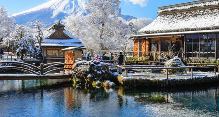 Village japonais traditionnel avec le mont Fuji en arrière-plan.