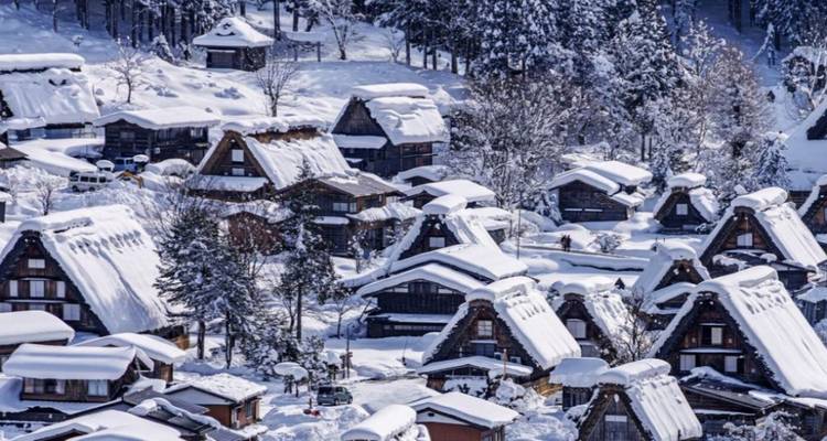 Village enneigé avec des maisons traditionnelles gassho-zukuri.