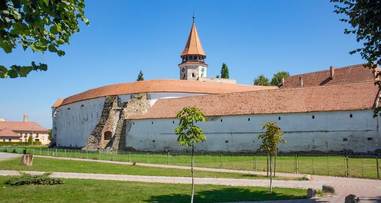 Forteresse avec une tour et un mur d'enceinte sous un ciel bleu.
