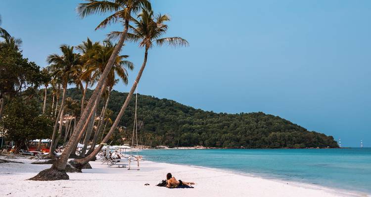 A couple relaxing on a white sandy beach with palm trees and clear blue water.