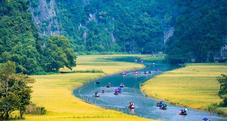 Scenic river view with boats and visitors surrounded by lush greenery and karsts.