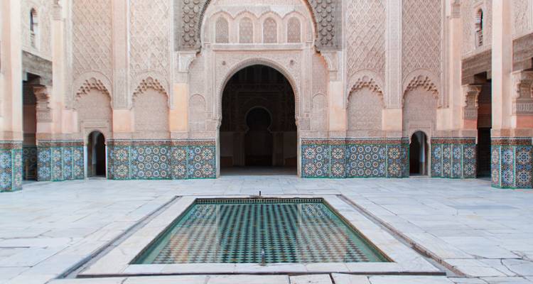 An intricately designed courtyard with colorful tiling.