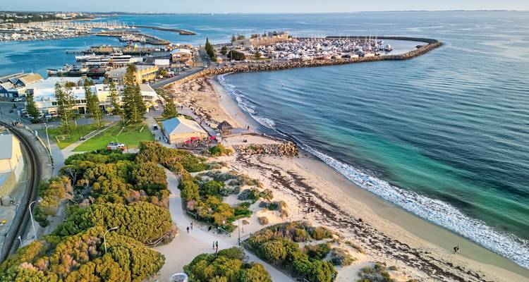 Luftaufnahme eines Küstengebiets mit einem Yachthafen und Sandstrand.