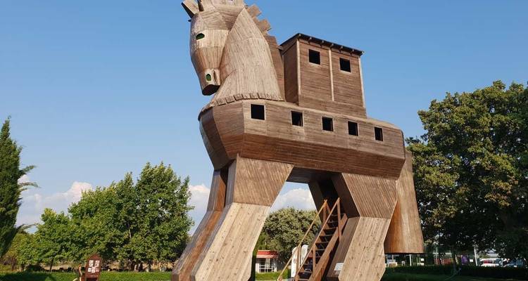 Una réplica grande de madera del caballo de Troya en un entorno de parque.