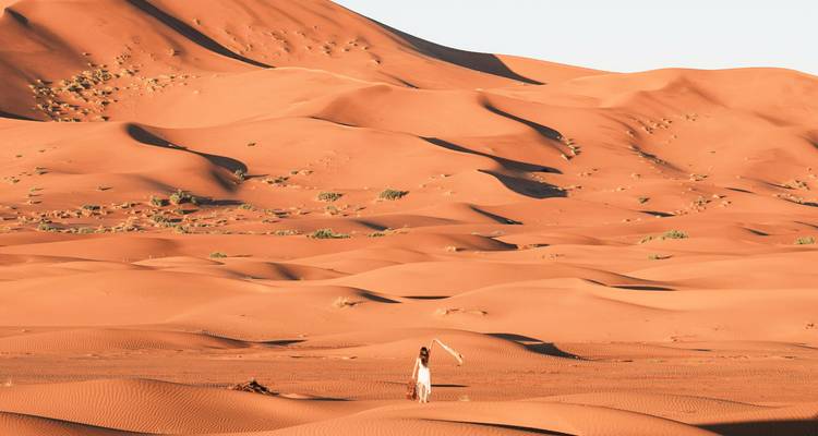 Una mujer en vestido blanco gira una bufanda sola en un vasto paisaje de dunas con patrones.