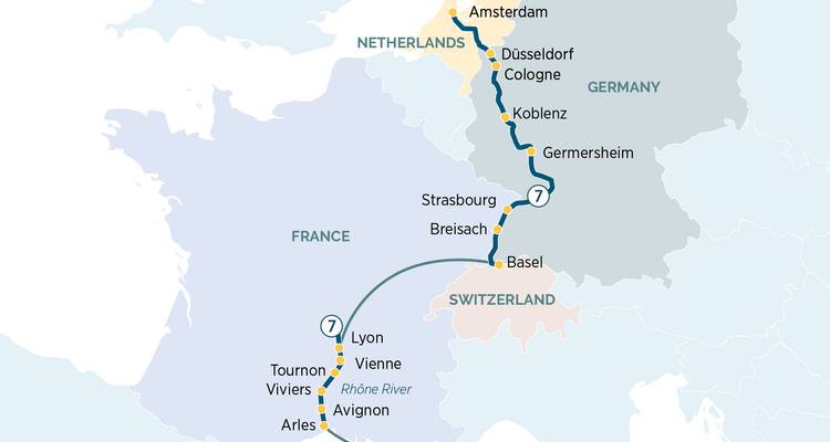 Simplified route map illustrating a river-cruise itinerary through the Netherlands, Germany, France and Switzerland