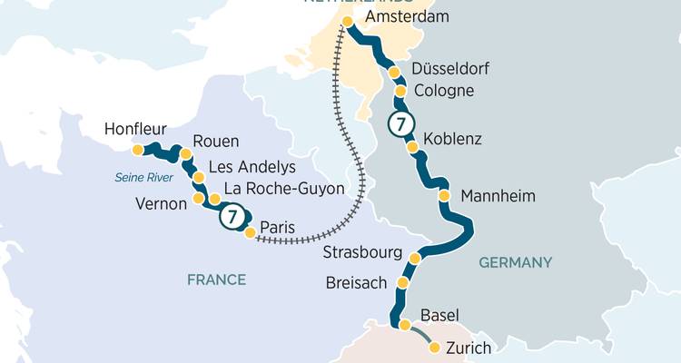 Map of Seine and Rhine cruise linking Paris, Amsterdam and Zurich.