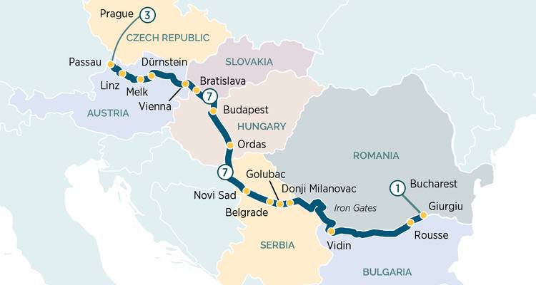 Carte détaillée d'une croisière sur le Danube de Prague à travers plusieurs capitales européennes jusqu'à Bucarest