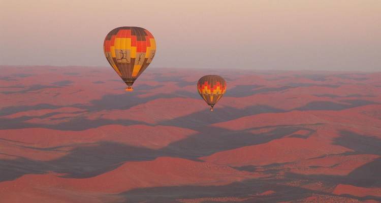 Hot air balloons floating over a desert landscape.