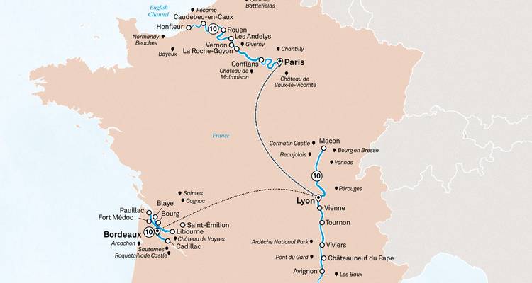 Kaart van Frankrijk met daarin aangegeven de routekaart van Parijs naar Bordeaux en Lyon.
