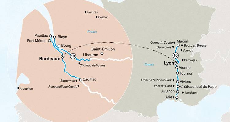 Mapa de estilo duplicado del crucero fluvial de Burdeos a Lyon con los principales pueblos vinícolas indicados.
