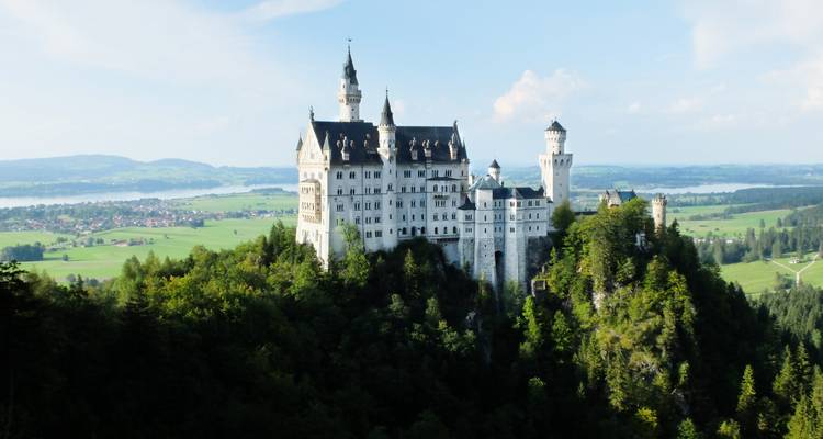 Neuschwanstein Castle on a hill surrounded by trees and an expansive landscape.