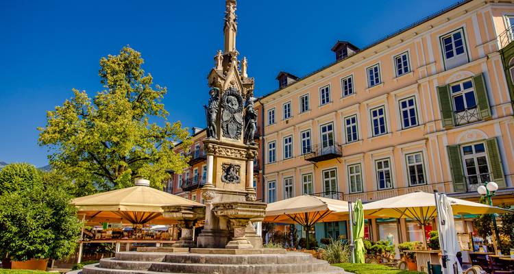 Une fontaine historique dans une place entourée de bâtiments et d'arbres.