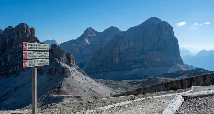 Paysage de montagne avec un panneau indicateur pointant vers divers sentiers.