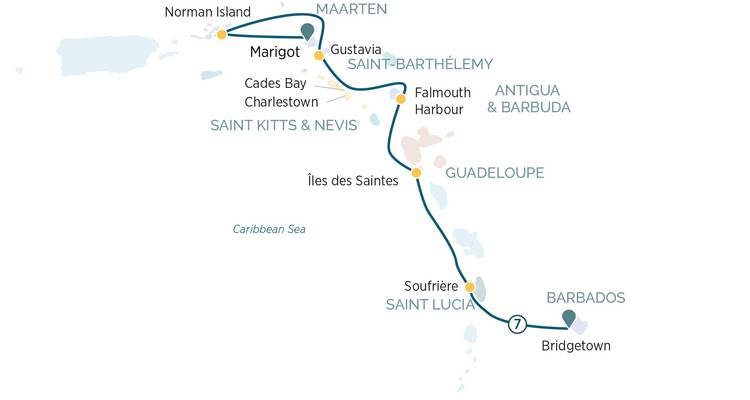 Caribbean sailing itinerary map from Barbados north through Saint Lucia, Guadeloupe and Antigua.