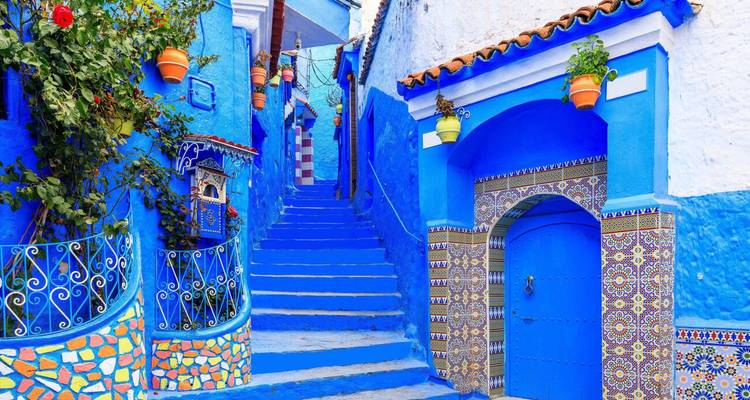 Ruelle bleue aux couleurs vives avec des escaliers et des plantes en pot.