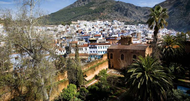 Vue panoramique d'une ville avec des bâtiments blancs et bleus.
