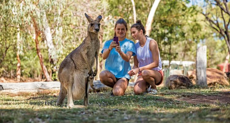 Two people interacting with a kangaroo in a natural setting.